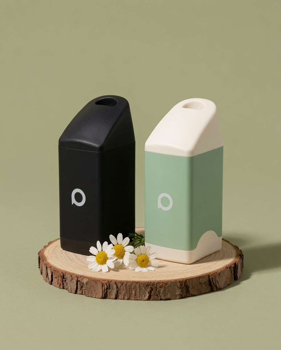 PHREND personal air filter in black and Light Green on a wood slice with chamomile flowers